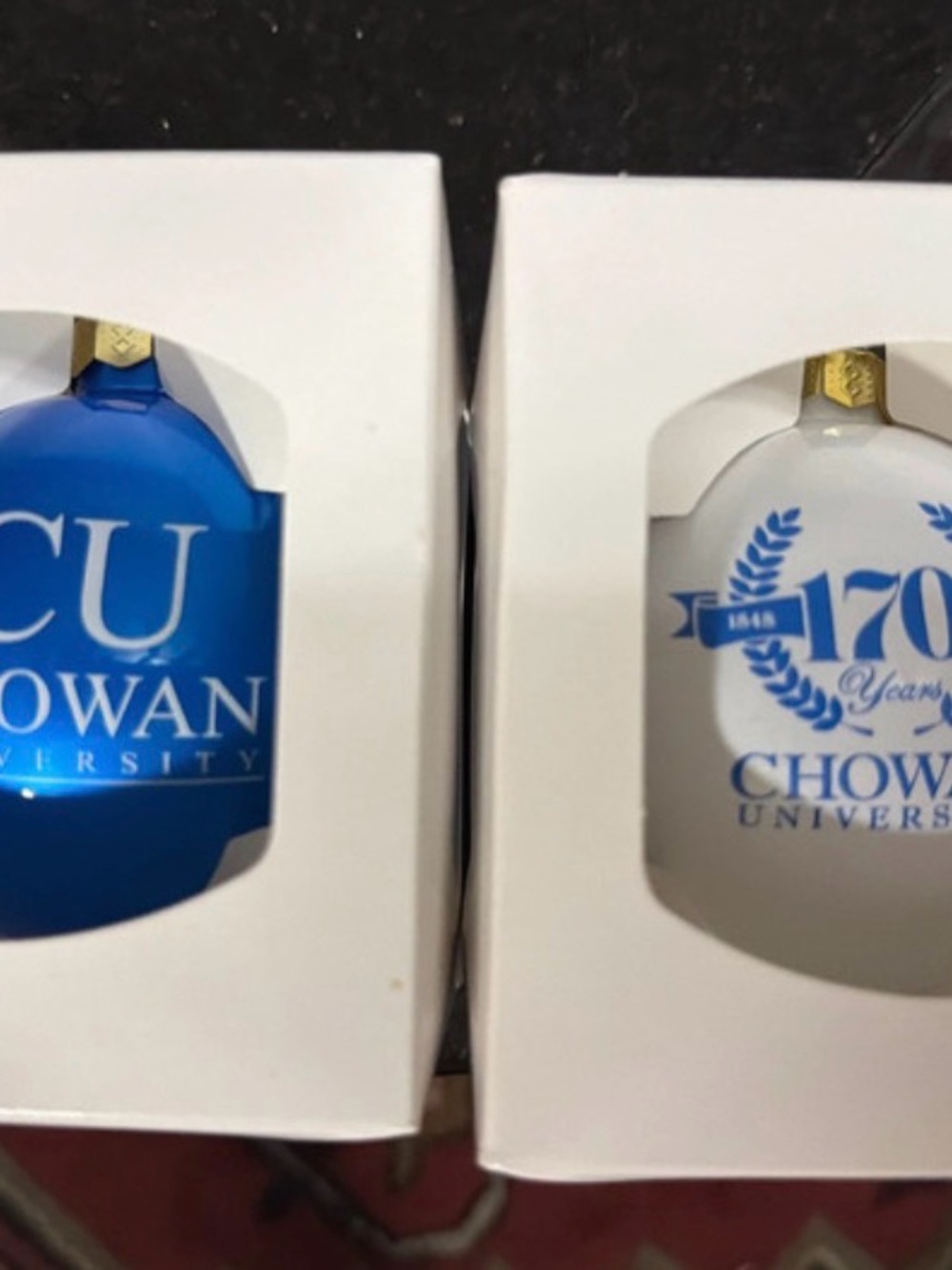Vintage Chowan University Commemorative Ornaments Set of 2 Blue White